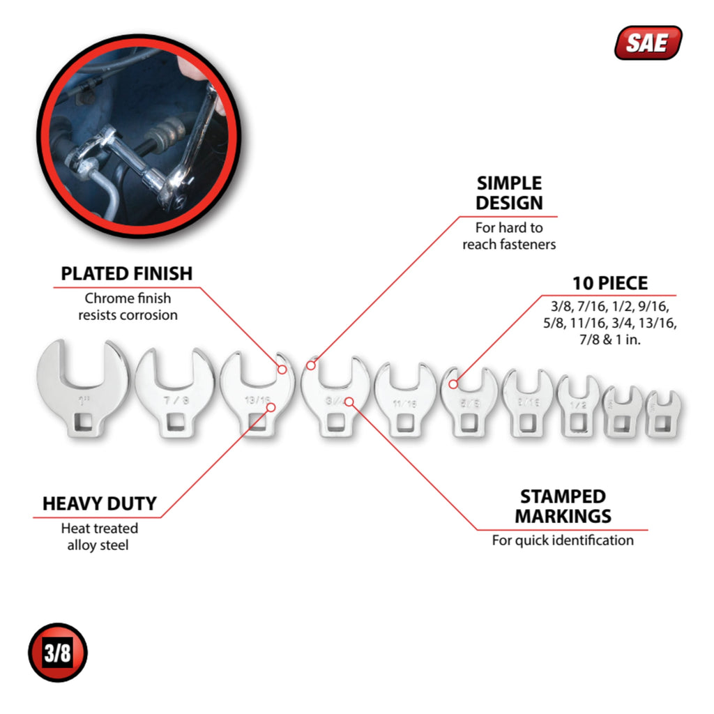 W453 10-Piece SAE Open End Crowfoot Wrench Set - Image 2