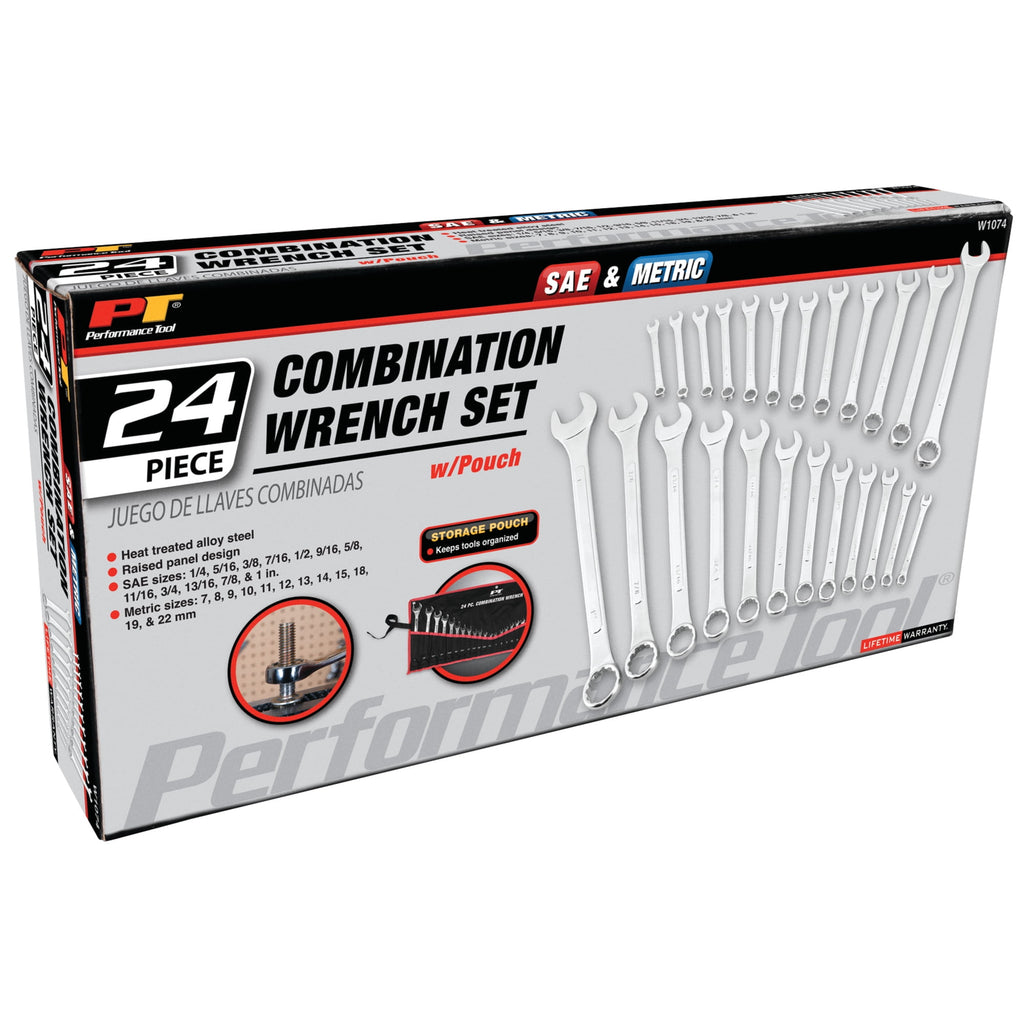 W1074 24 pc. SAE and Metric Combo Wrench Set: 1/4-in to 1-in and 7-22mm sizes, Made of Heat-Treated Steel, Raised Pan... - Image 6