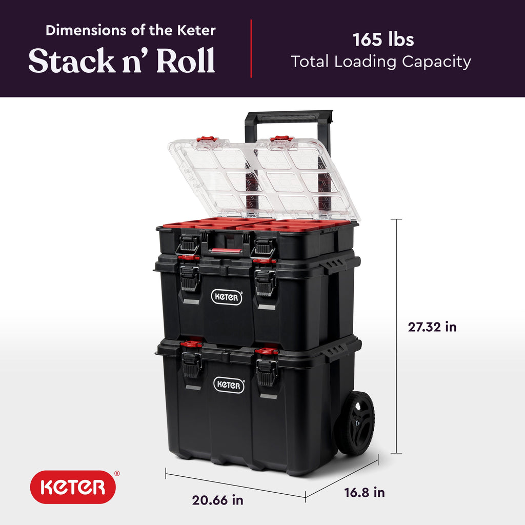 Keter Stack-n-Roll 3 Piece Modular Toolbox System Resin Mobile Tool Storage and Organization - Image 2
