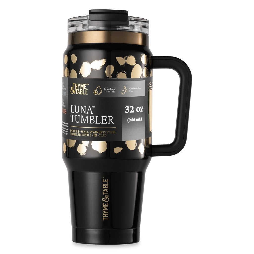 Thyme &amp; Table 32 fl oz Stainless Steel Luna Tumbler with Handle and Dual Straw Lid, Cream &amp; Black Check
