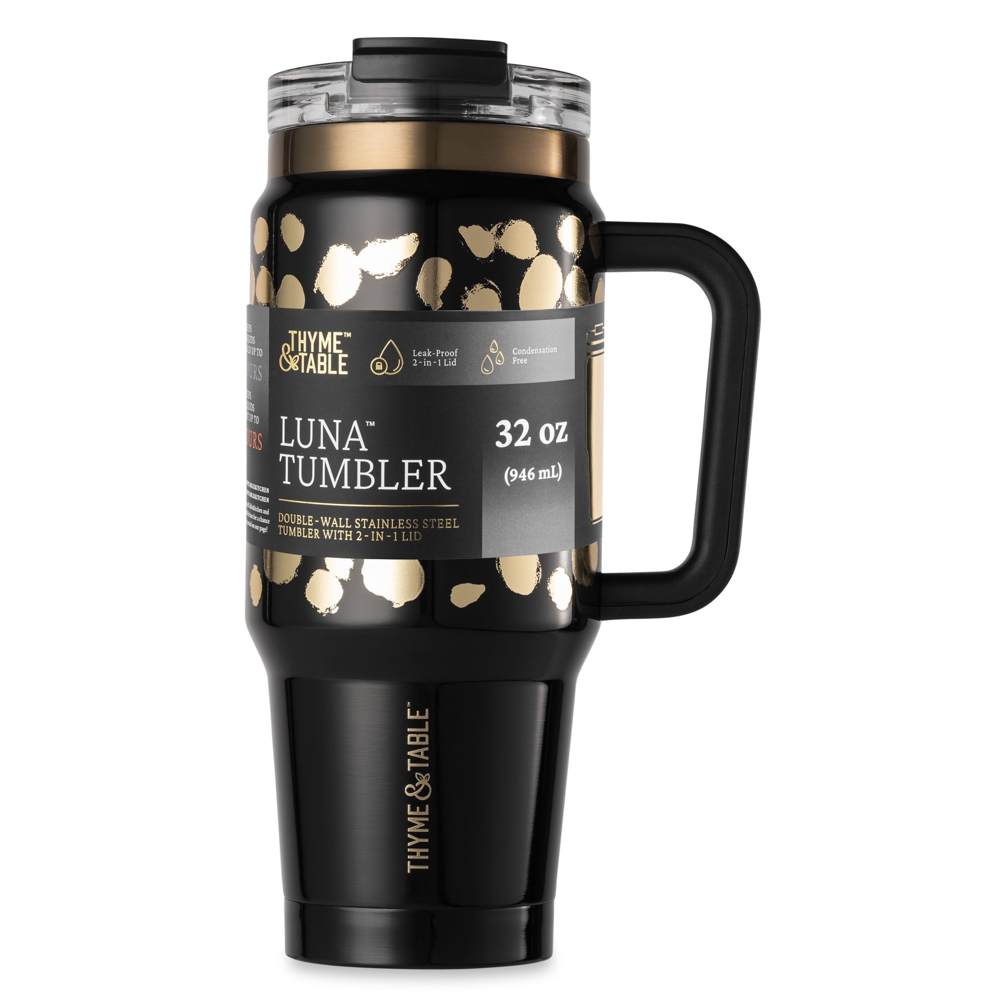 Thyme &amp; Table 32 fl oz Stainless Steel Luna Tumbler with Handle and Dual Straw Lid, Cream &amp; Black Check
