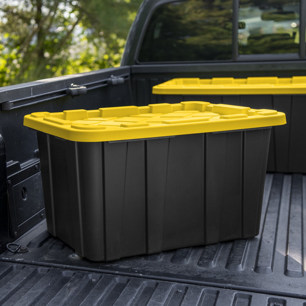 Large Storage Bin, 27 Gallon Plastic Storage Tote with Snap-On Lid, Black and Yellow, 6 Pack