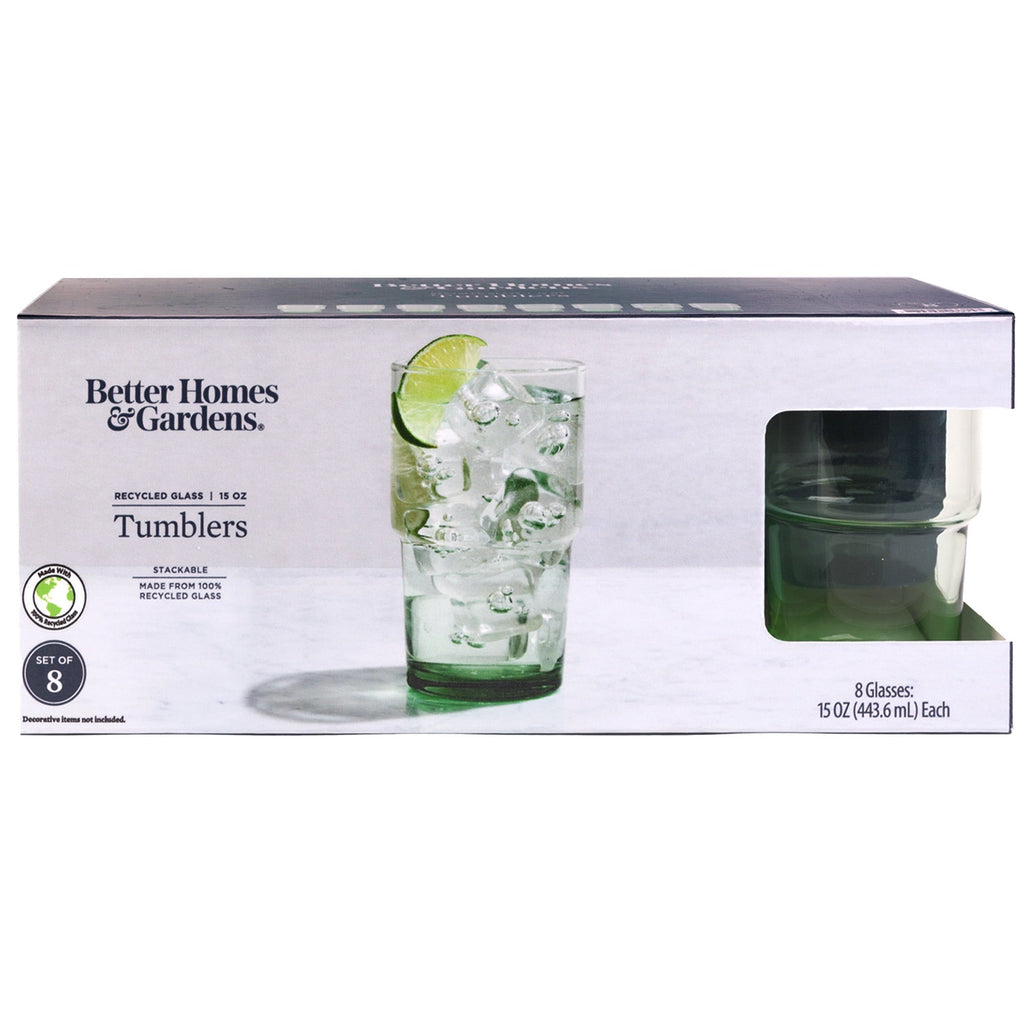 Better Homes &amp; Gardens Clear Green Glass, Glassware, 8 Pack, 15 oz