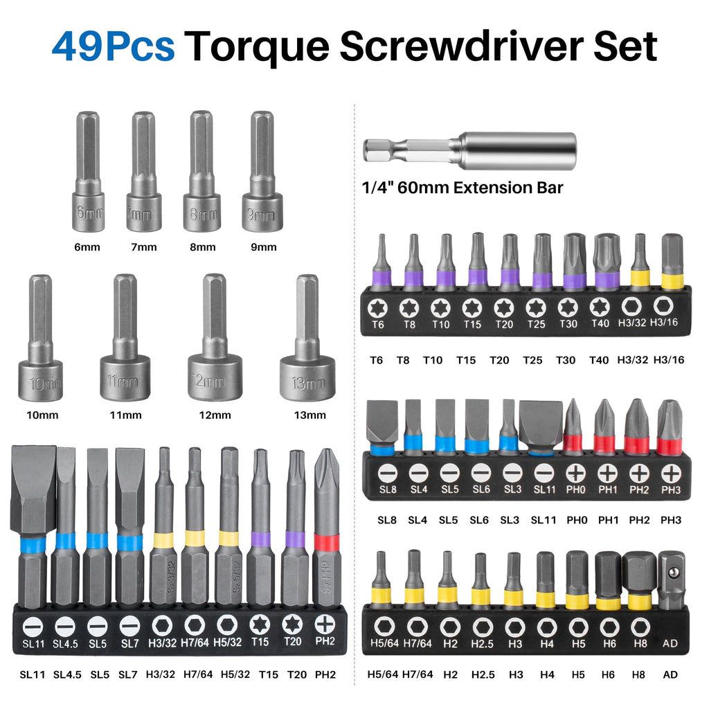 XEIMILE 51Pcs 10-80In-lb Torque Screwdriver,1/4" Drive Wrench Driver Set, Inch Pound Torque Screwdriver with S2 Bits, Extension Bar for Main - Image 3