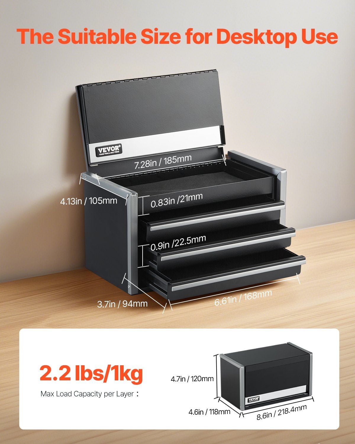 Tool Box 8.6-inch Portable Metal Tool Box with 3 Drawers Tool Organizer Black - Image 2
