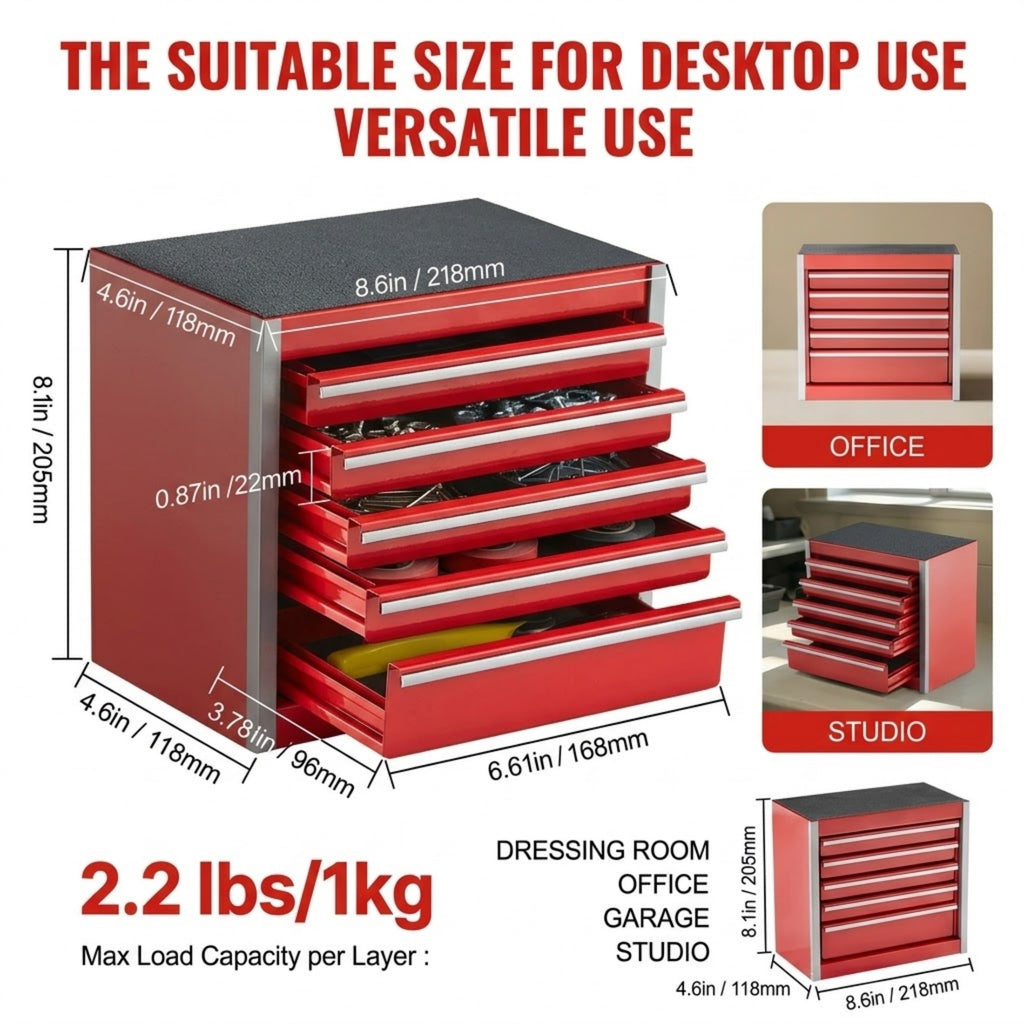 8.6" Mini Metal Tool Box with 5 Drawers, Heavy Duty Steel Portable Tool Chest, Red - Image 3