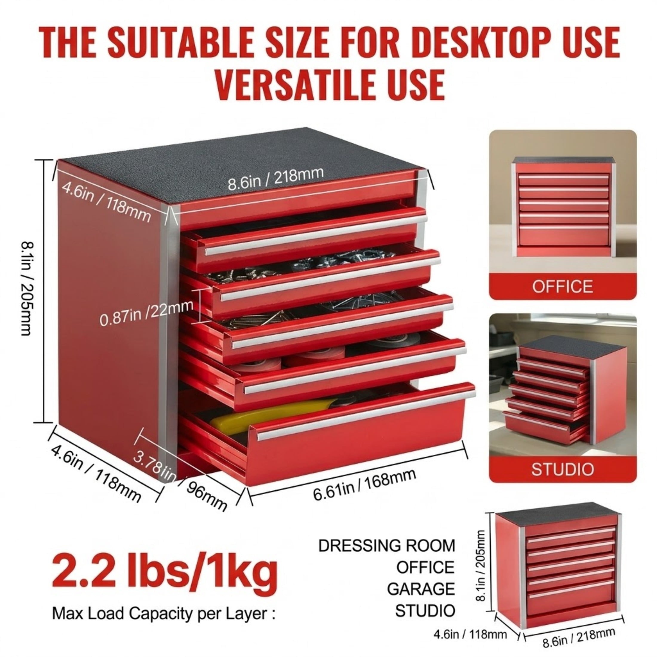 8.6" Mini Metal Tool Box with 5 Drawers, Heavy Duty Steel Portable Tool Chest, Red - Image 3