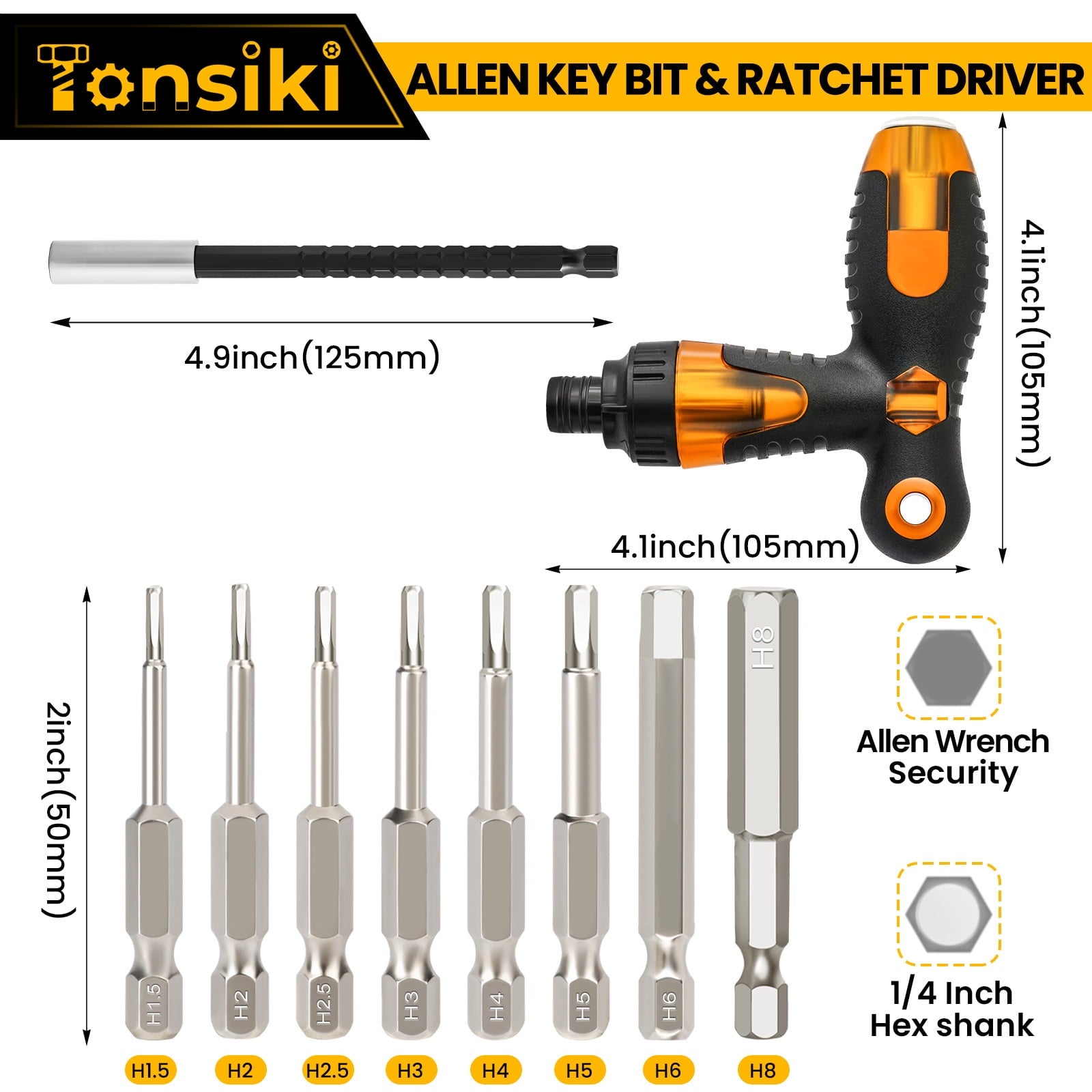 9Pcs Allen Key Bit & Ratchet Screwdriver Set, Impact Hex Head Allen Wrench Drill Bits, 1/4” Magnetic Hex Shank hex bi... - Image 4