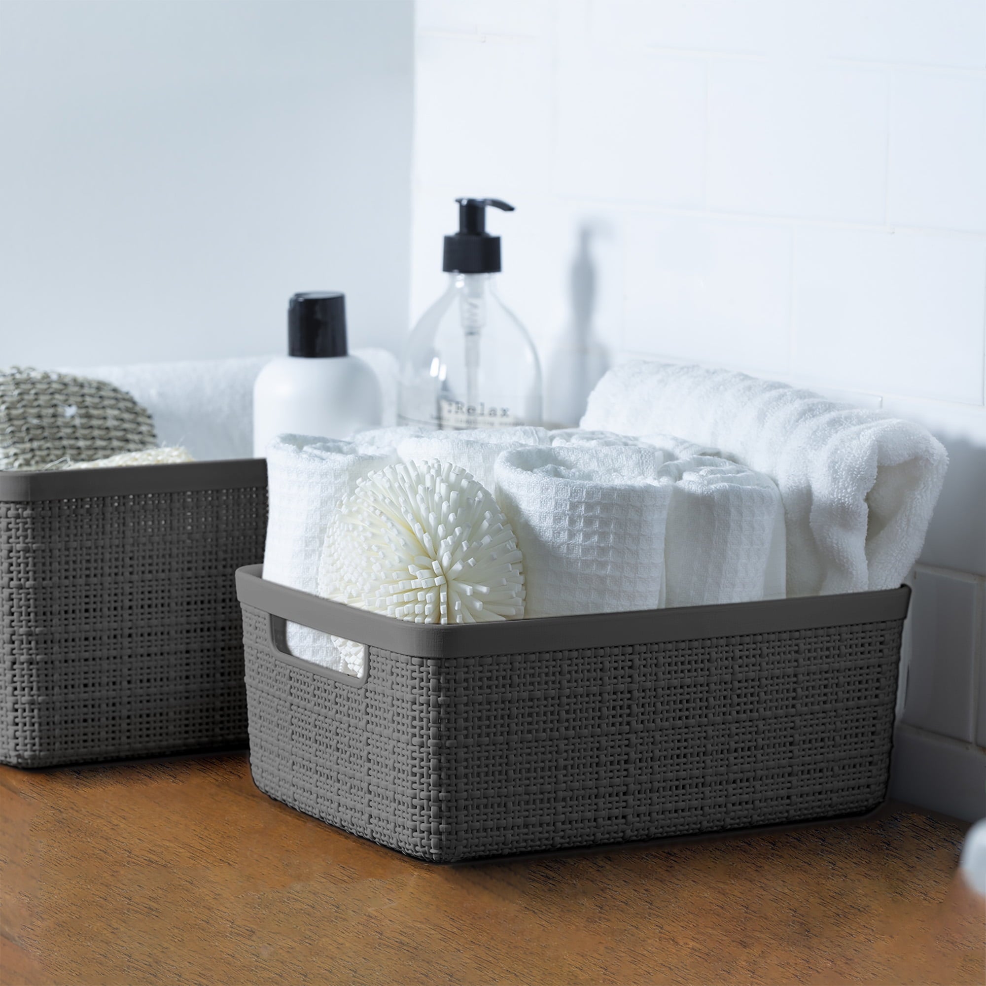 Jute Small Gray Plastic Decorative Storage Basket, 10.6 in x 7.8 in x 4.3 in