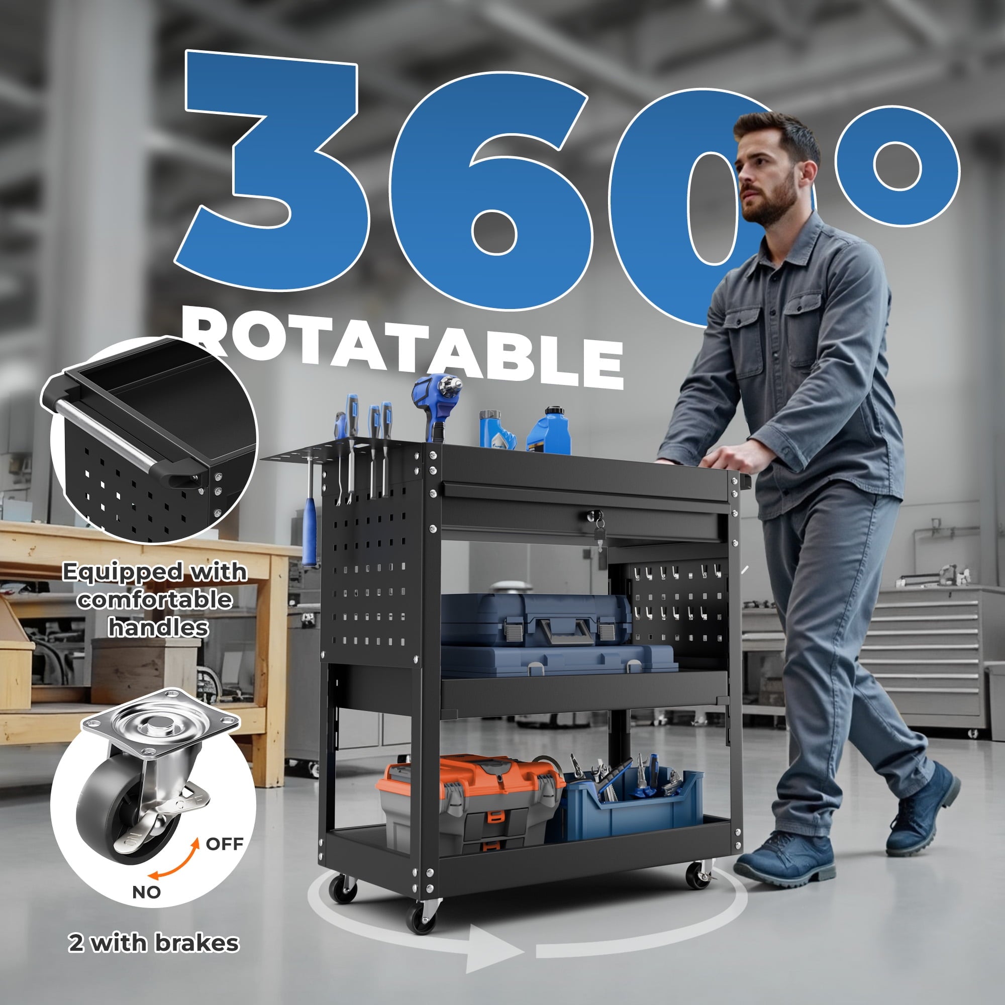 3 tier Rolling Tool Cart with Drawer on Wheel, Multi-layer Storage with Lockable Ball-Bearing Slides for Garage and W... - Image 3