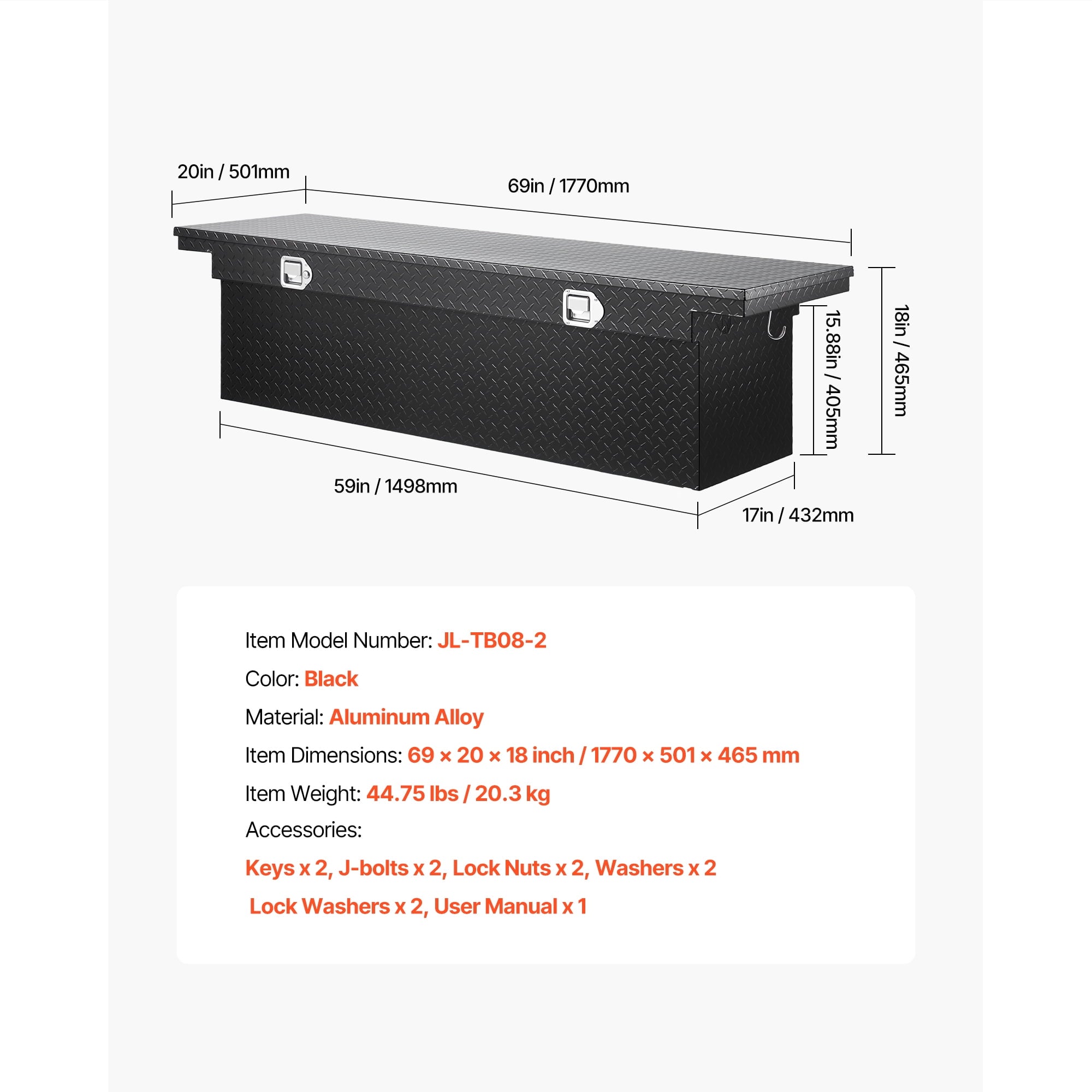Aluminum Crossover Truck Tool Box, 69x20x18 In, Durable Storage Organizer with Diamond Pattern, Waterproof Lockable T... - Image 6