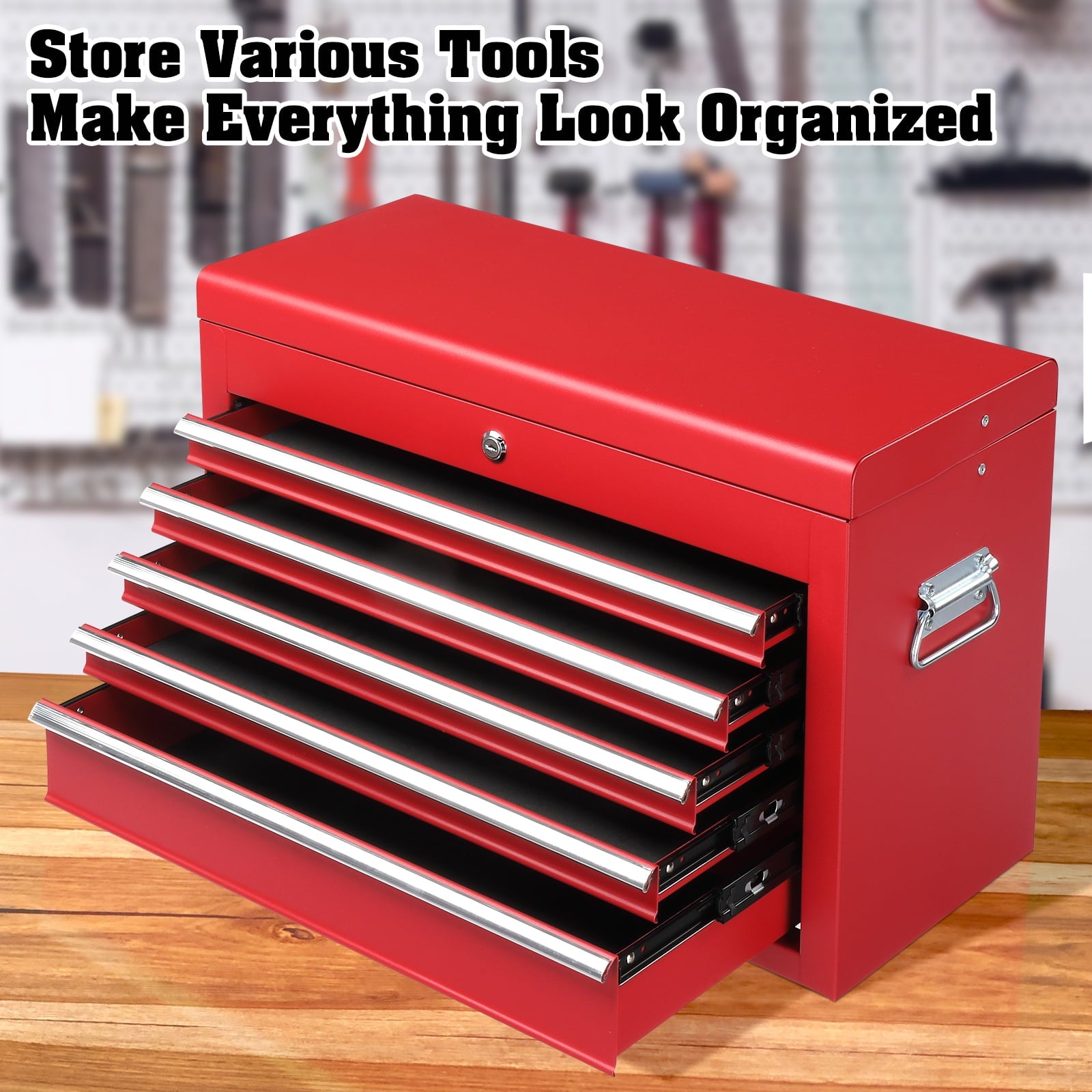 Portable 5 Drawer Steel with Top Storage Tray & Carrying Handle, for Garage Trunk Household, Red - Image 5