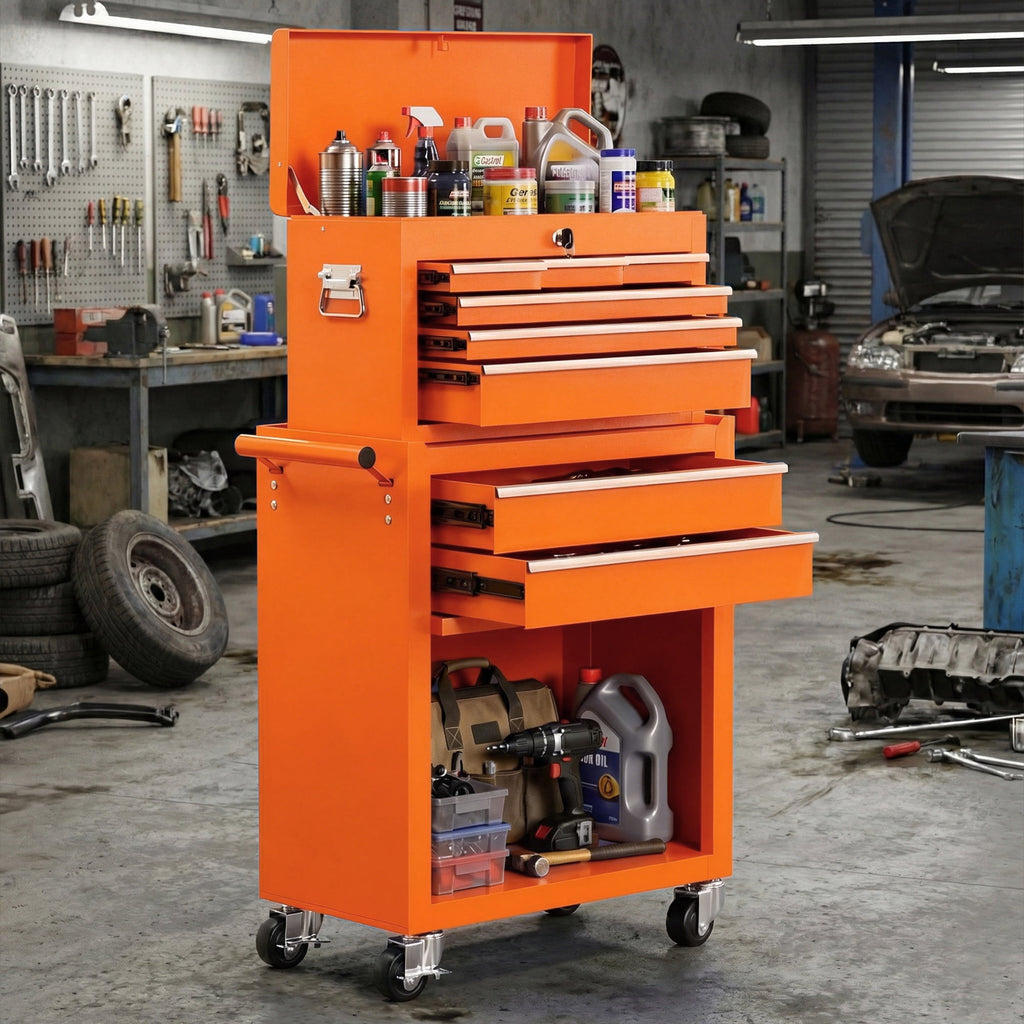 8-Drawer Rolling Tool Chest and Cabinet, Stainless Steel Tool Box with Brake Wheels and 8 Drawers, Orange Detachable ... - Image 2