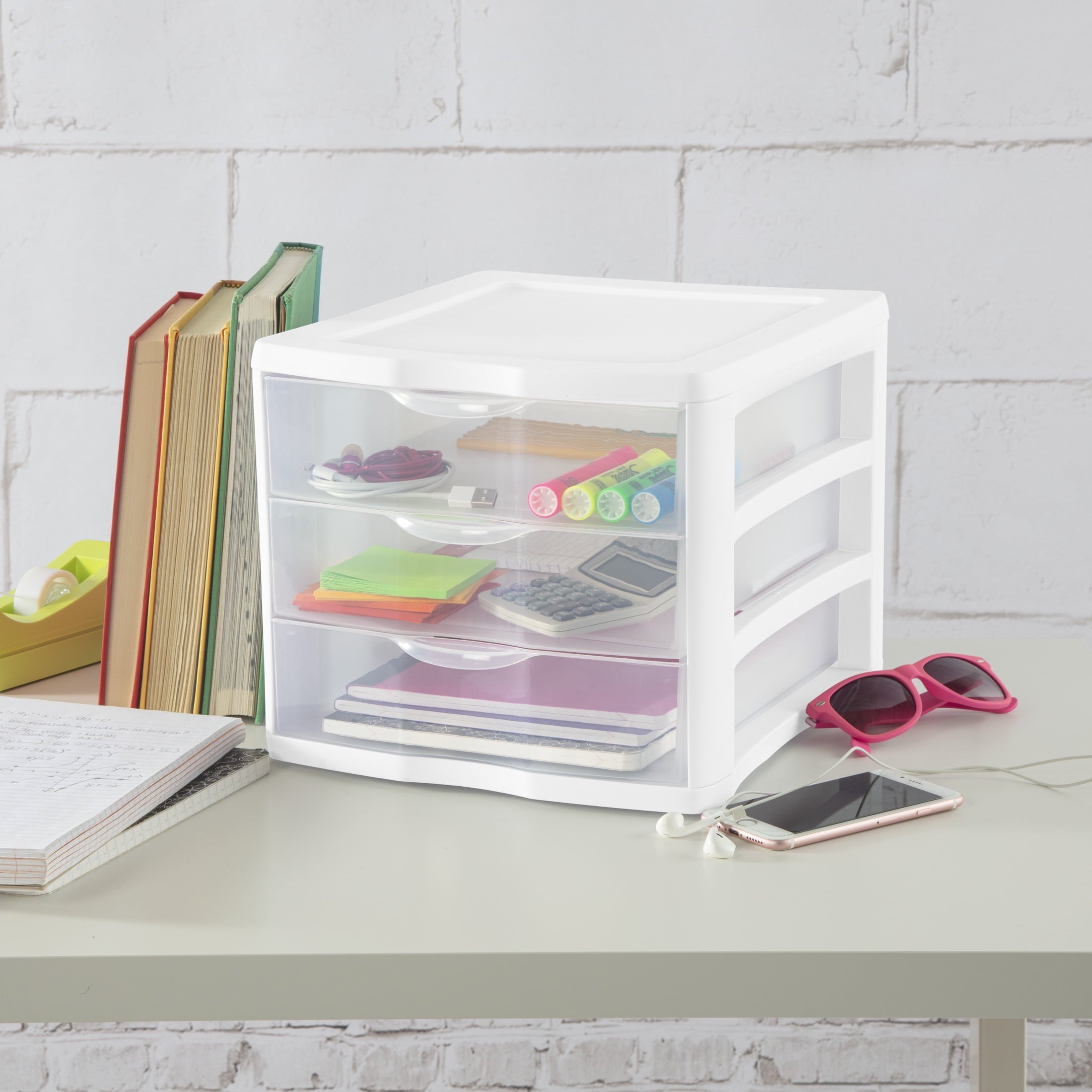 3 Drawer Unit, Clear Plastic Countertop or Desktop Storage Drawers, White