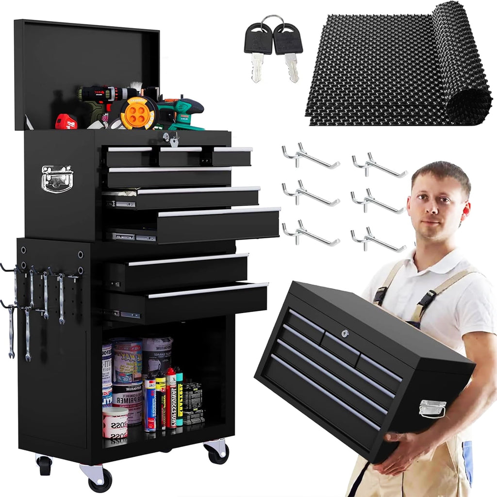 8-Drawer Chest, 2-in-1 Box with Wheels Metal Chest Cabinet for Garage, Workshop, Black