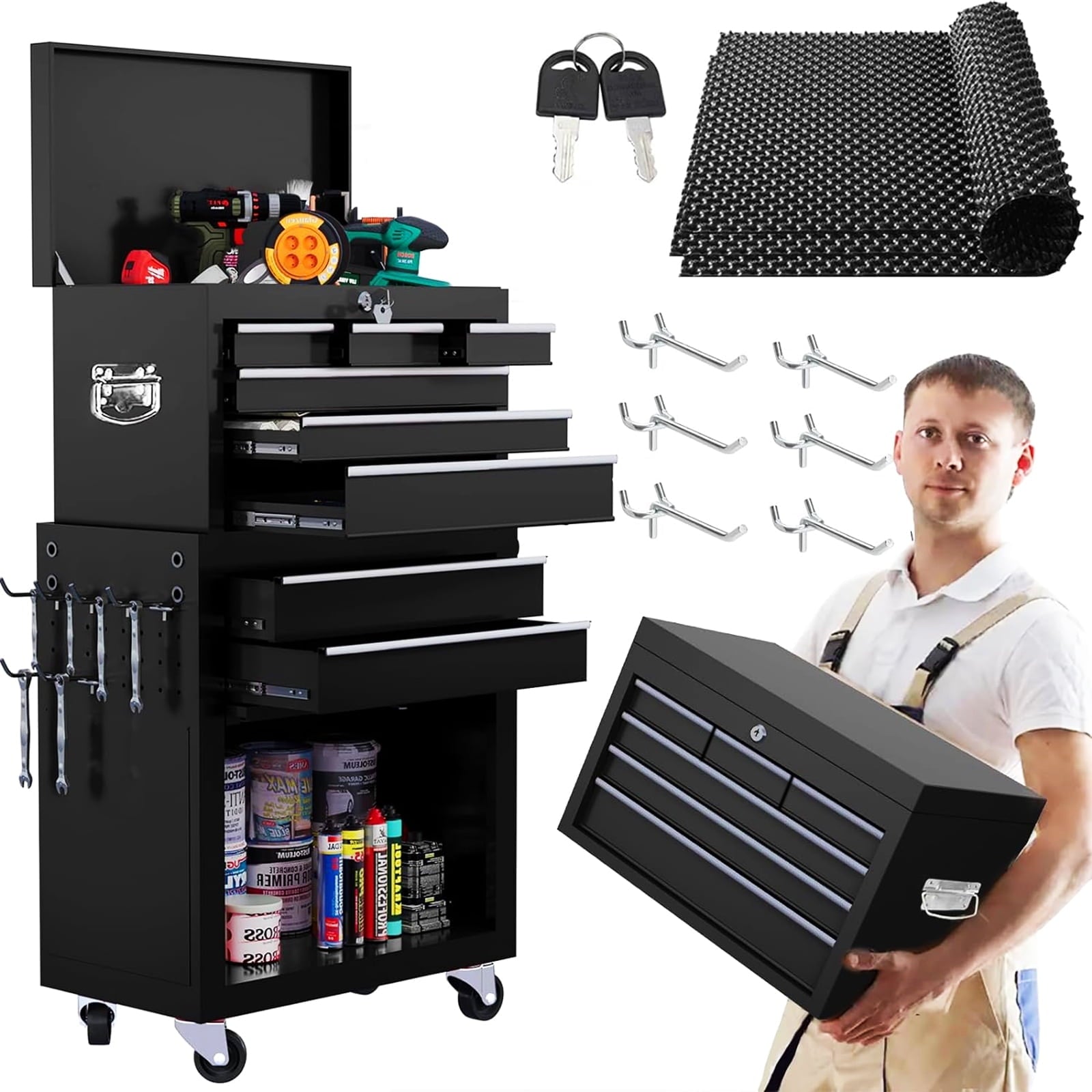 8-Drawer Chest, 2-in-1 Box with Wheels Metal Chest Cabinet for Garage, Workshop, Black