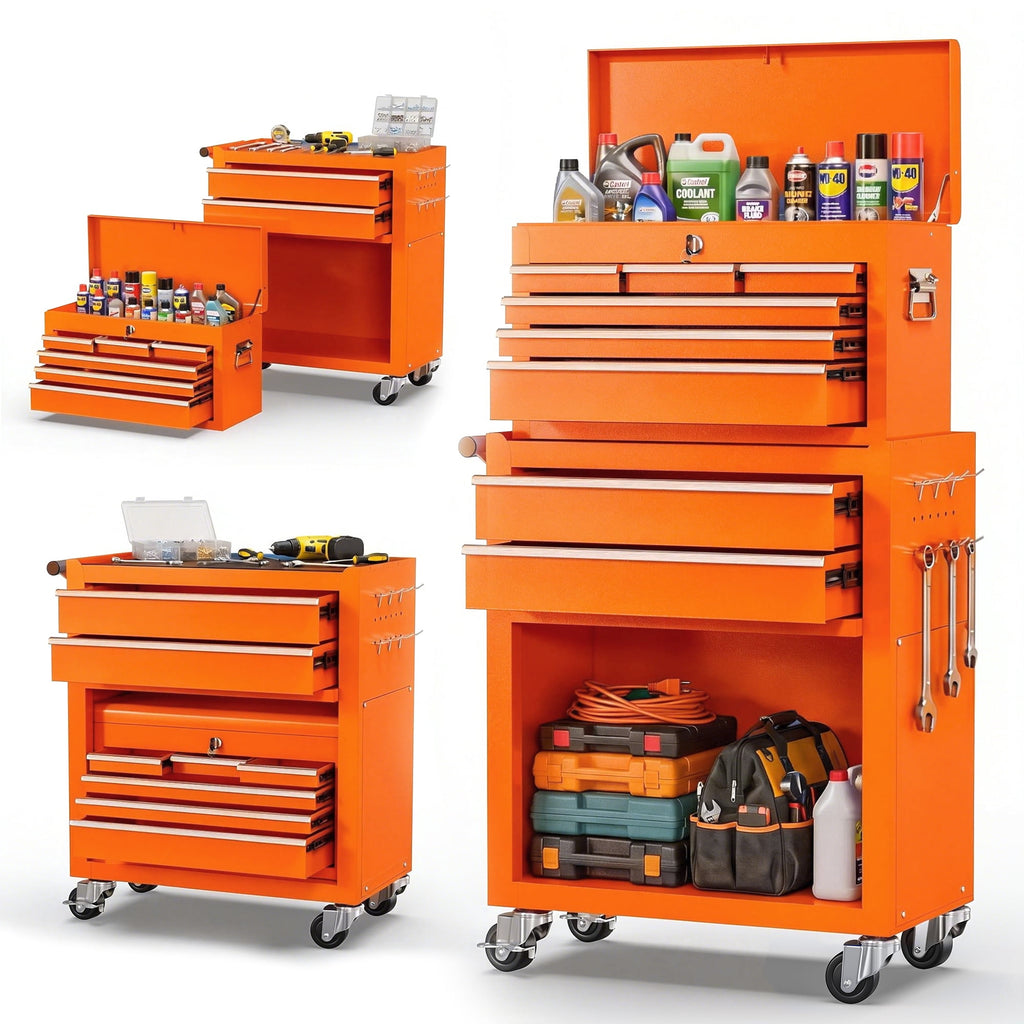 8-Drawer Rolling Tool Chest and Cabinet, Stainless Steel Tool Box with Brake Wheels and 8 Drawers, Orange Detachable ...