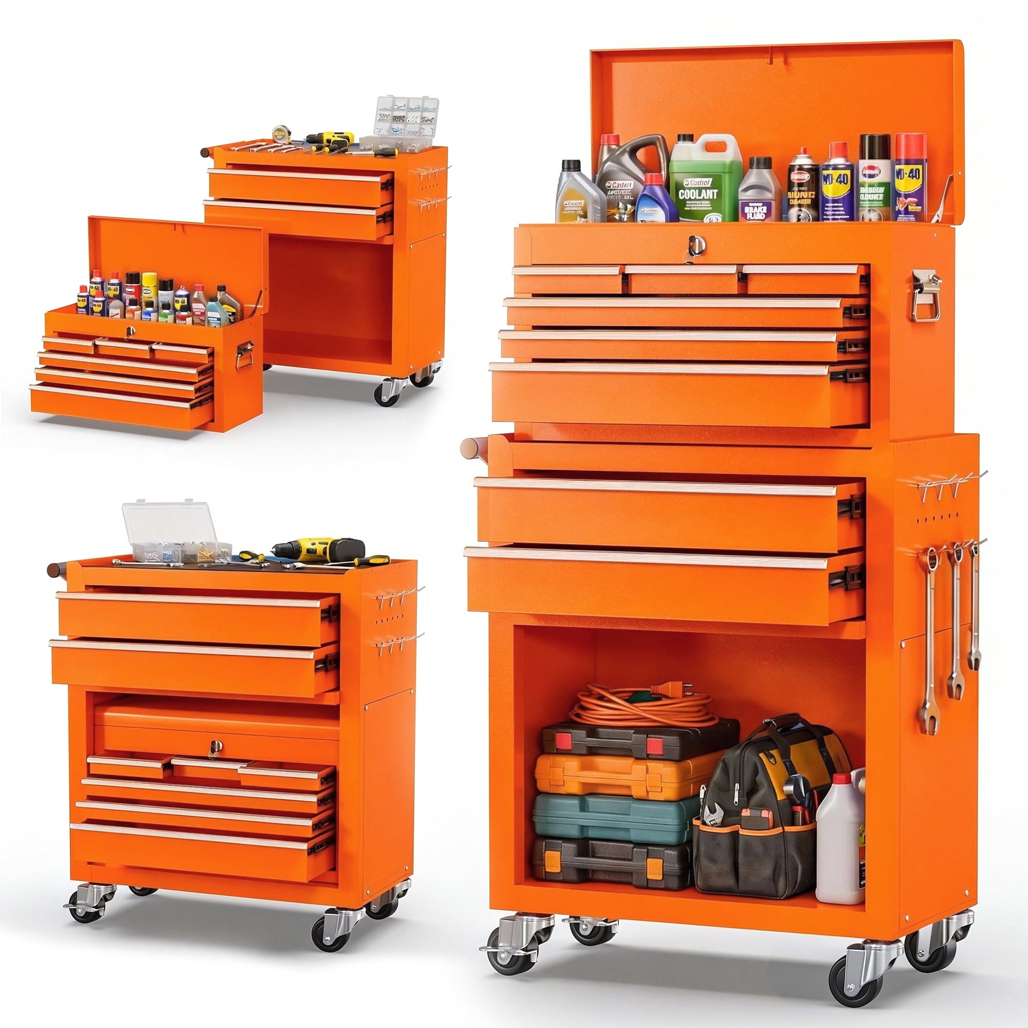 8-Drawer Rolling Tool Chest and Cabinet, Stainless Steel Tool Box with Brake Wheels and 8 Drawers, Orange Detachable ...