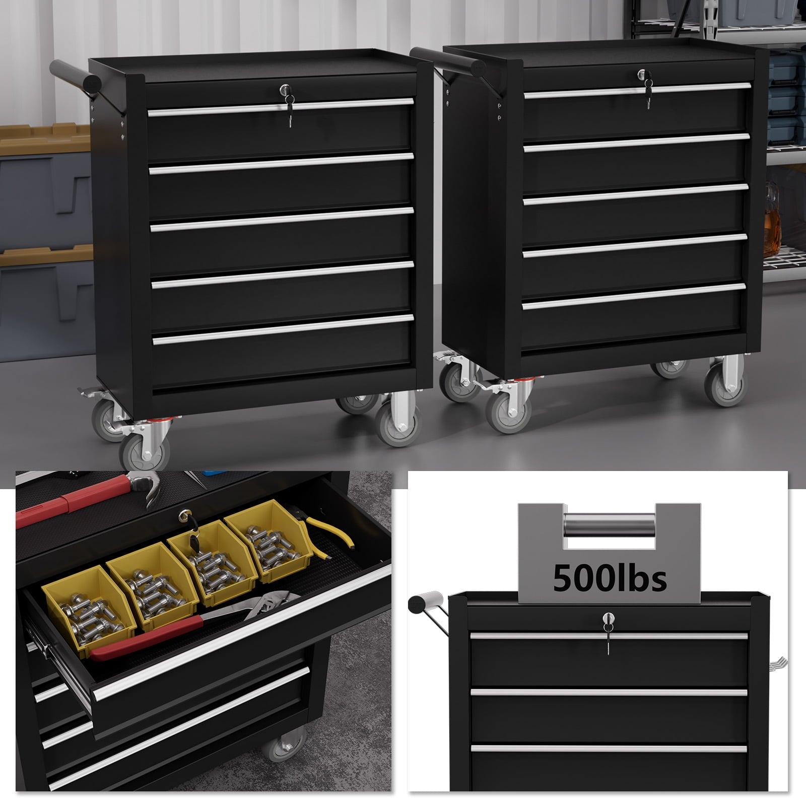 5-Drawer Cart with Wheels,High Capacity Cabinet with Locking System for Garage, Warehouse, Workshop-Black - Image 4