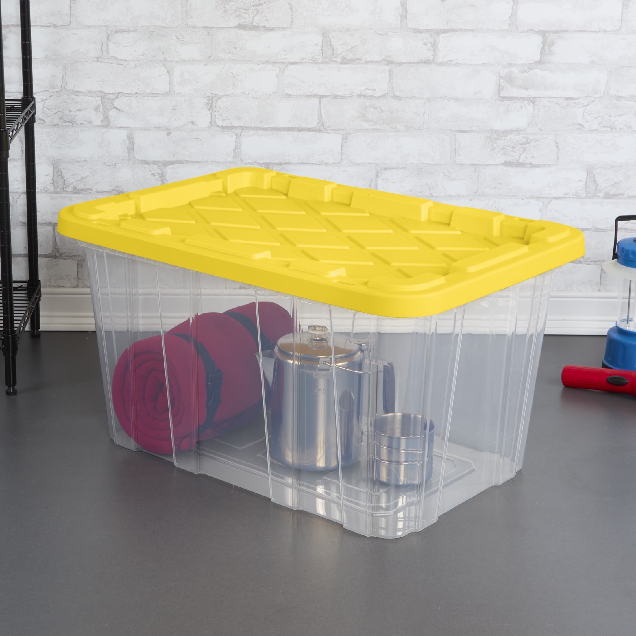 Large Storage Bin, 27 Gallon Plastic Storage Tote with Snap-On Lid, Black and Yellow, 6 Pack