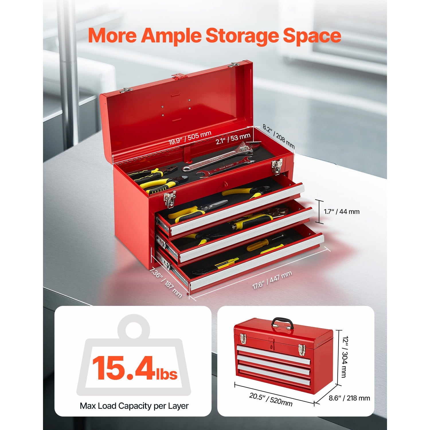 20.5-Inch Portable Metal Tool Box with 3 Drawers, Small Tool Chest Featuring Liners, Ball-Bearing Slides, Lockable De... - Image 2