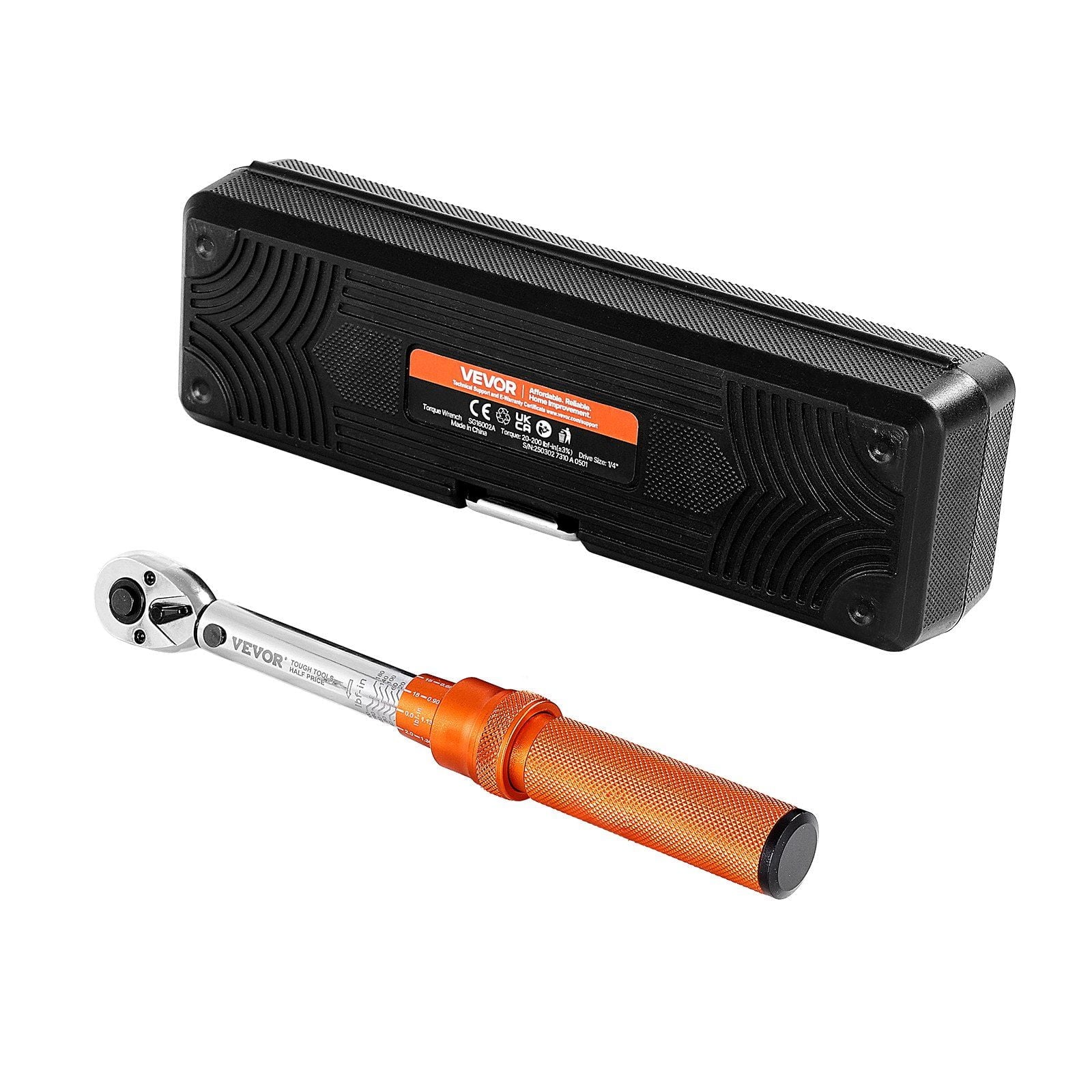 Click Torque Wrench Set 1/4 Inch Drive 20-200 Inch Pounds 2.3-22.6 Newton Meters 72-Tooth Dual Scale Orange Handle - Image 2
