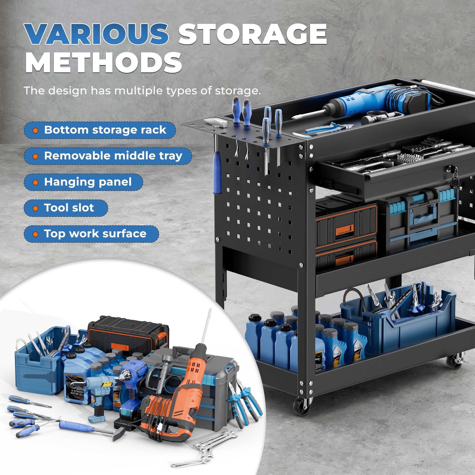 3 tier Rolling Tool Cart with Drawer on Wheel, Multi-layer Storage with Lockable Ball-Bearing Slides for Garage and W... - Image 4