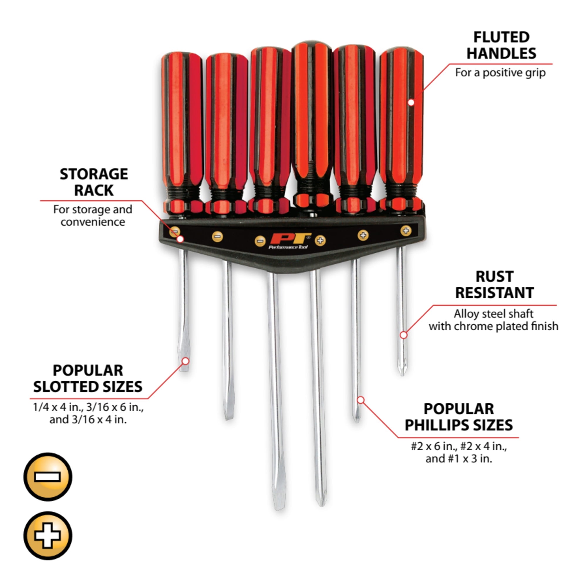 W1785 6 Pc. Screwdriver Set - Phillips, Slotted, Alloy Steel Shafts, Chrome-Plated, Fluted Handles, Added Length for ... - Image 2