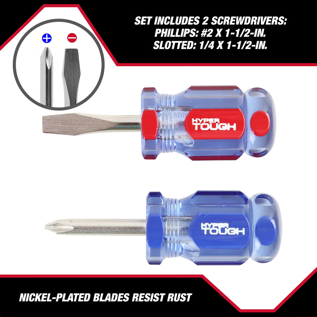 Hyper Tough 2-Piece Stubby Acetate Handle Screwdriver Set, #2 Philips & 1/4" Flat Head Screwdriver - Image 3