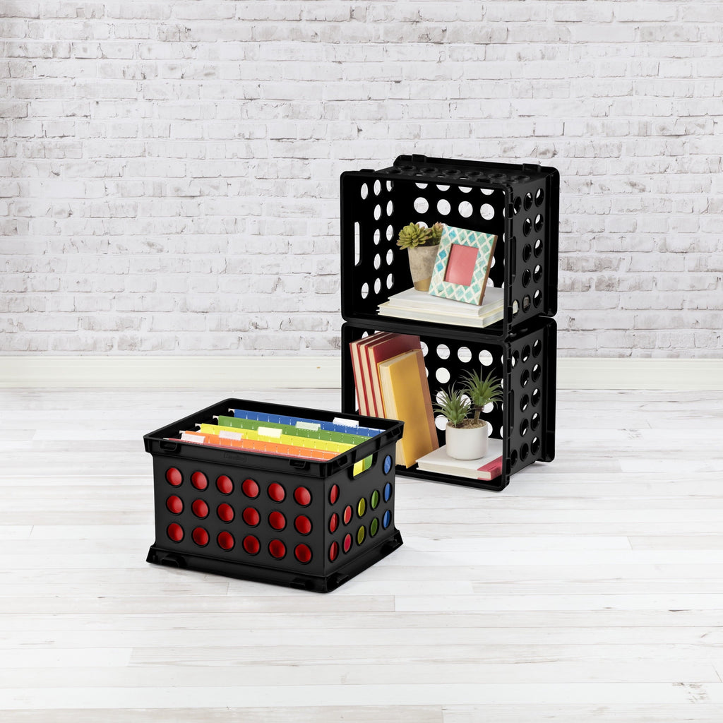 File Crate, Versatile Plastic Bin with Handles, Letter or Legal File Storage, Black, Standard Size