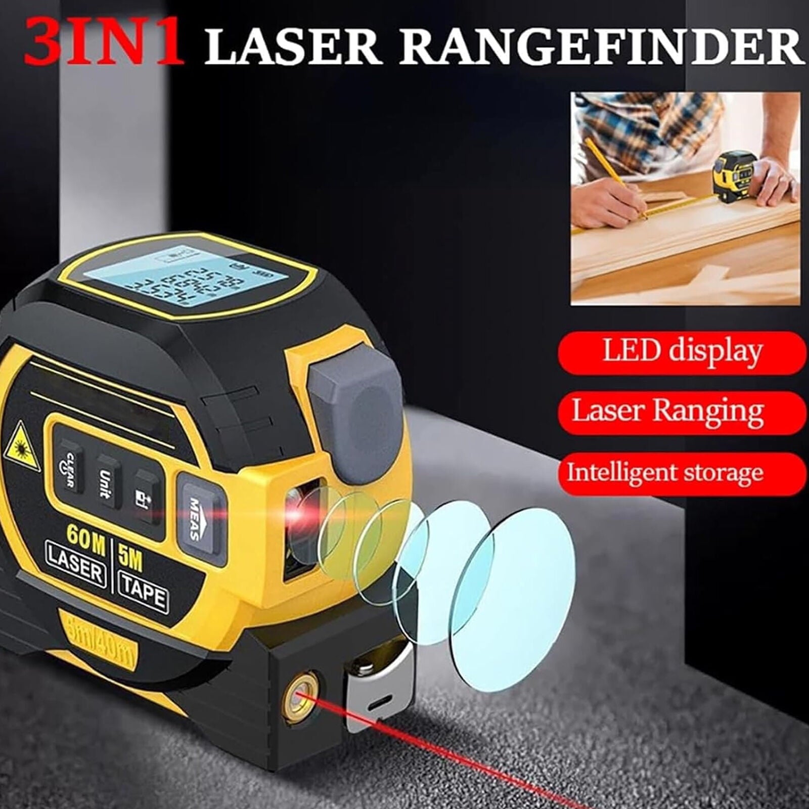 3 in 1 Digital Laser Tape Measure & Laser Cross Marking 131ft/40m Laser Distance Meter and 16Ft/5m AutoLock Tape Back... - Image 6