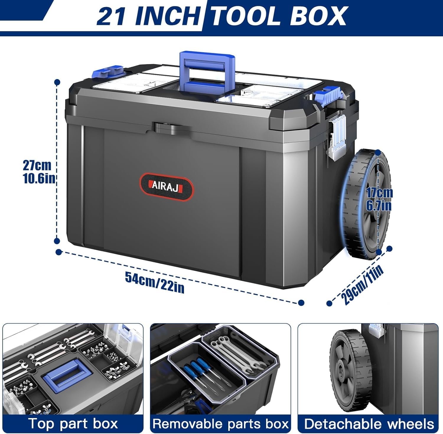 3 IN 1 Rolling Tool Box With Wheels,Stackable Modular Tool Storage Organizer & Removable Small Parts Trays for Garage Workshop Home Storage - Image 5