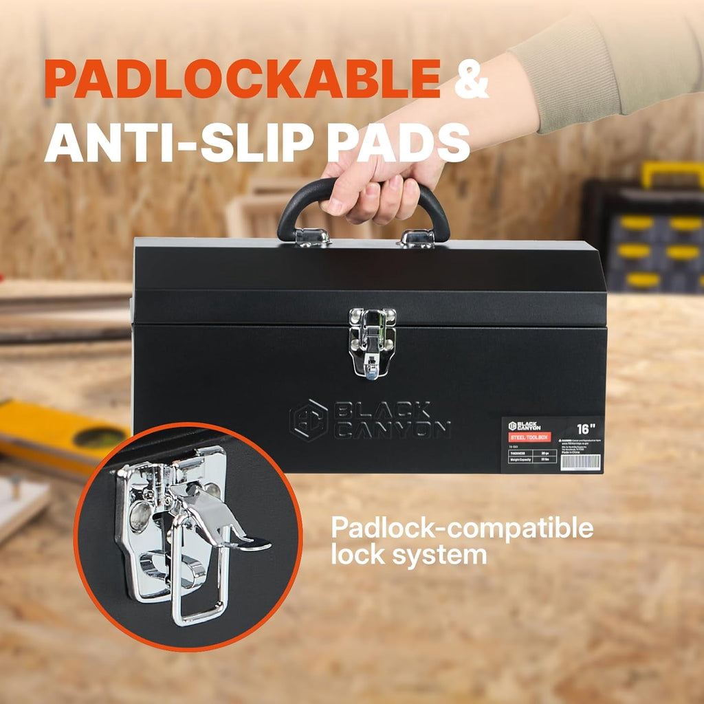 16 Inch Metal Tool Box, Portable Carbon Steel Toolbox with Padlockable Design for Mechanics and - Image 3