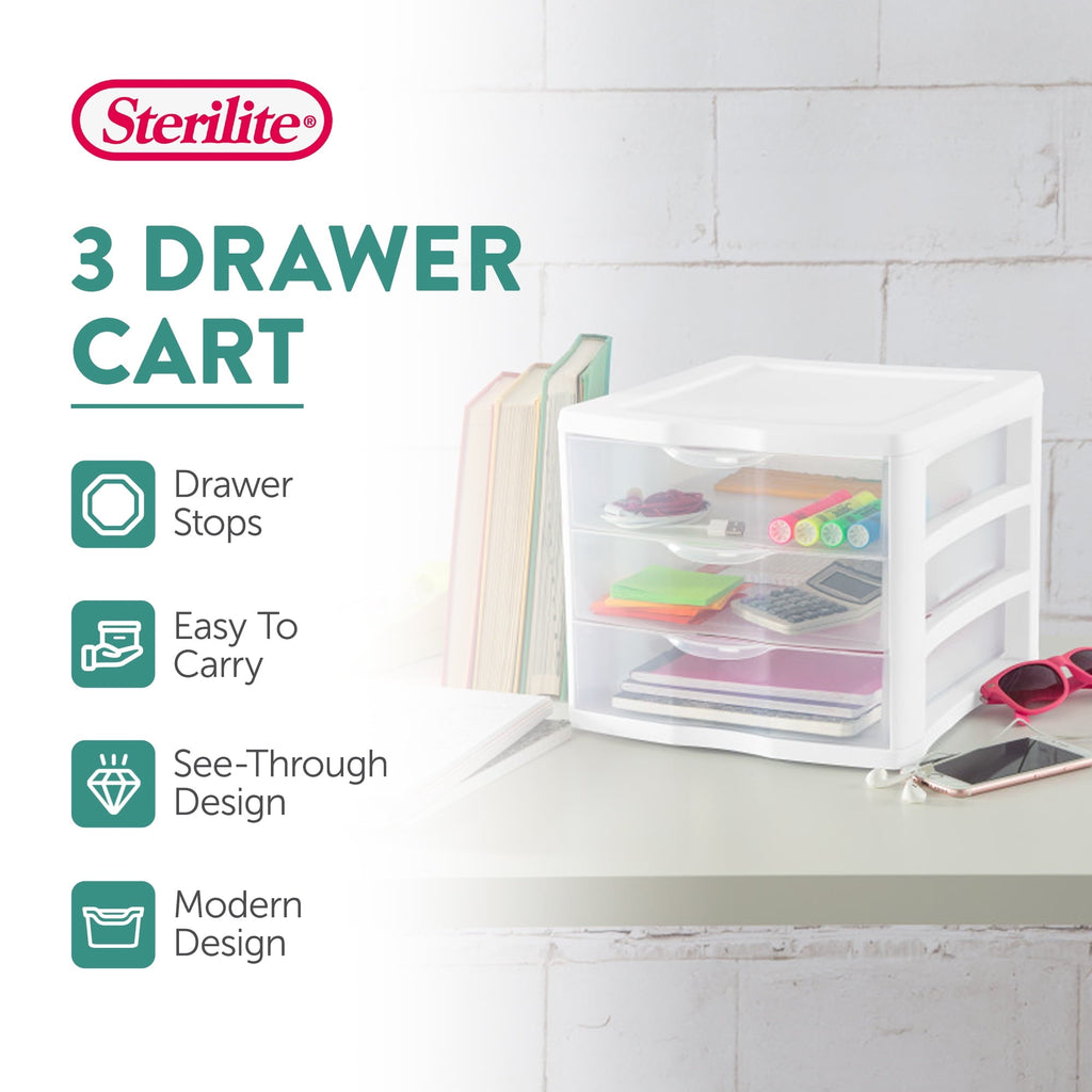 , 3 Drawer Clear Storage Bin, Desktop Drawer Storage Container, White