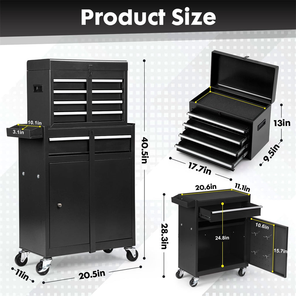 2 in 1 Steel Rolling Box & Cabinet On Wheels for Garage, 5-Drawer, Black - Image 3