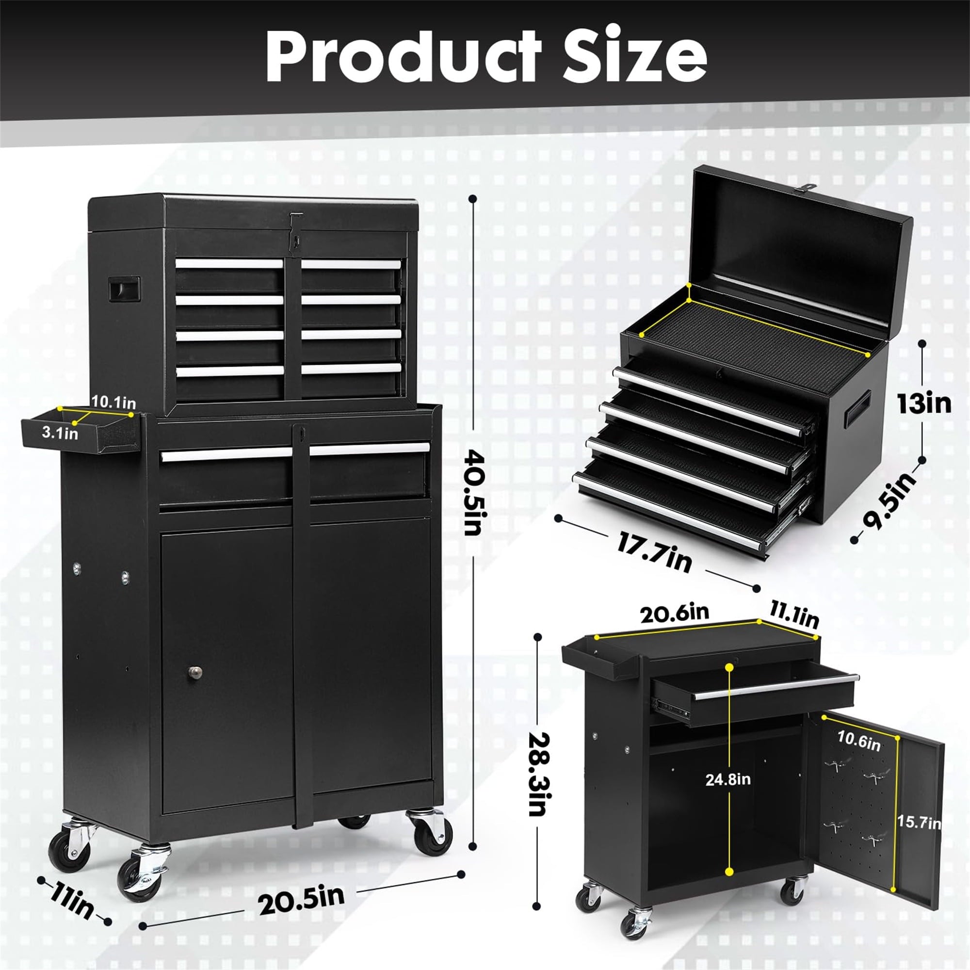 2 in 1 Steel Rolling Box & Cabinet On Wheels for Garage, 5-Drawer, Black - Image 3