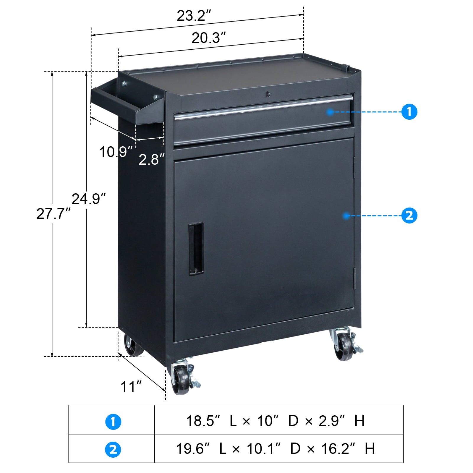 Ktaxon 4-Drawer 2-IN-1 Rolling Tool Chest Storage Cabinet, Mechanic Tool Organizer Box, 23.2" L x 11" W x 40.2" H, Black - Image 3