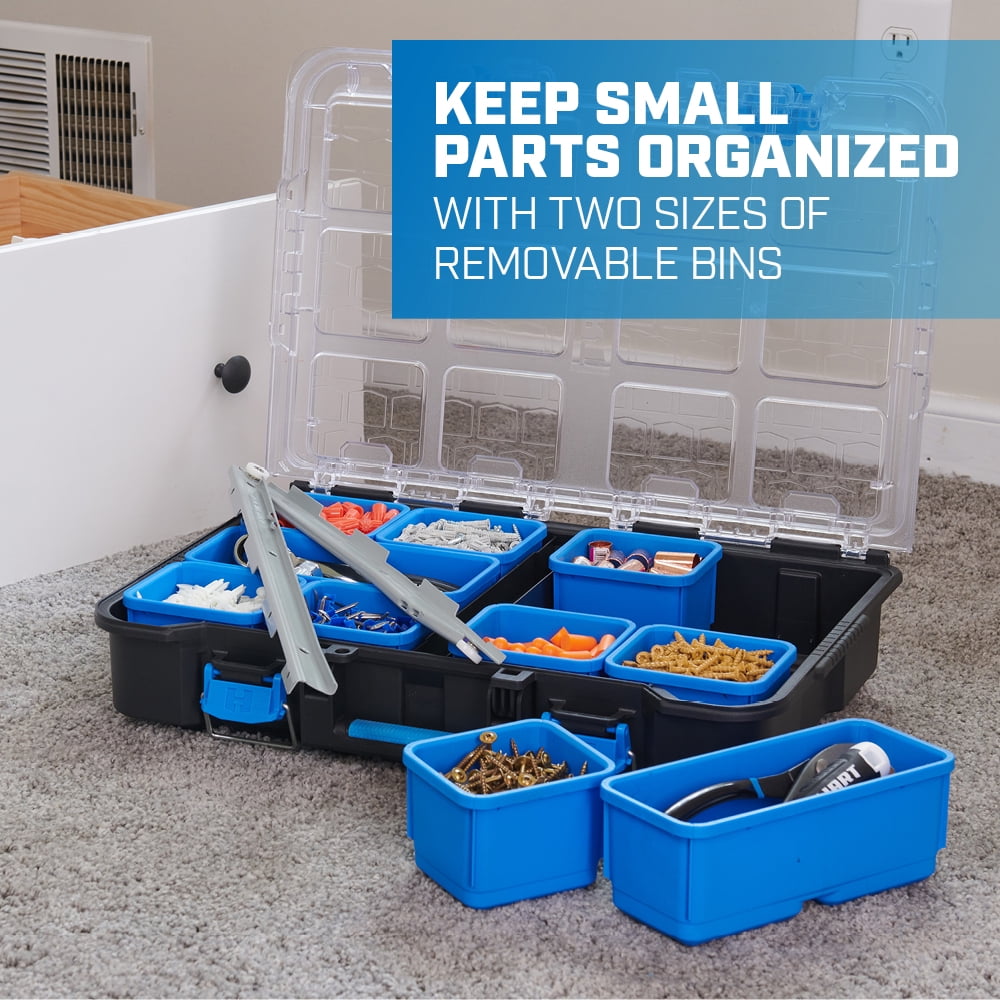 Small Parts Organizer with Removable Bins, Black with Blue Accents - Image 2