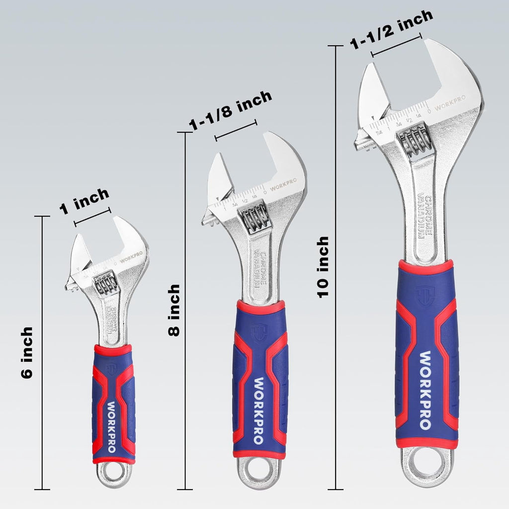 3-piece Adjustable Wrench Set, Cr-V Wide Jaw Wrench With Rubber Anti-Slip Grip, 6-inch, 8-inch, 10-inch with Metric/S... - Image 2