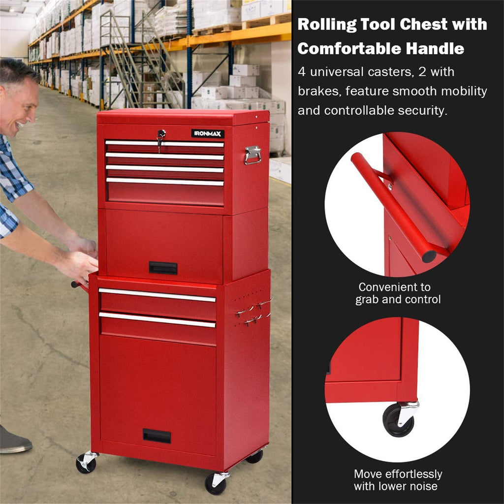 Tool Box, 3 in 1 Steel Rolling Tool Chest w/ 6-Drawers & 2 Cabinet for Garage Workshop, Red - Image 2