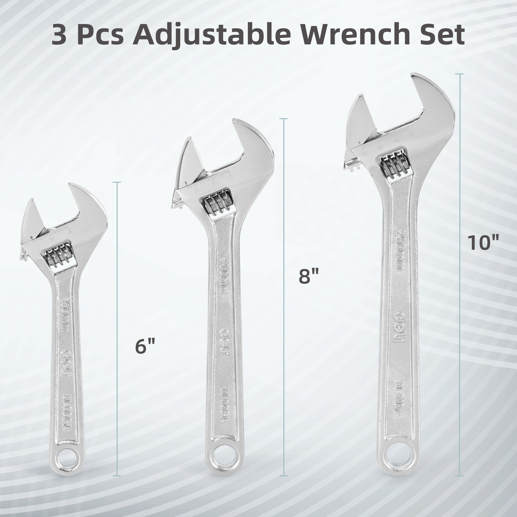 3-Piece Adjustable Wrench Set with Comfort Handles,6", 8" & 10" - Image 2