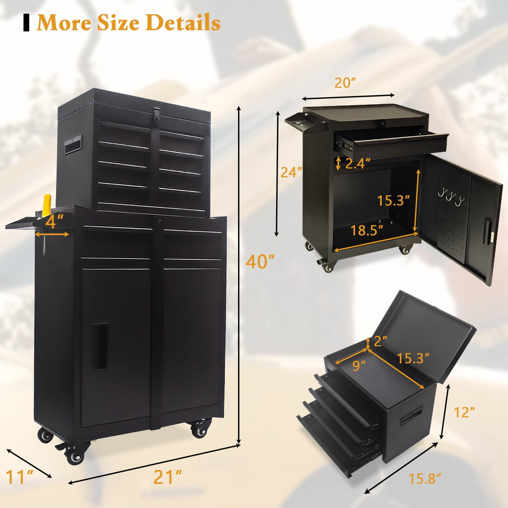 5 Drawers Rolling Cabinet with Detachable Top box, Universal Lockable Wheels, Lock Bar, Protective Liner & Rack, Meta... - Image 4