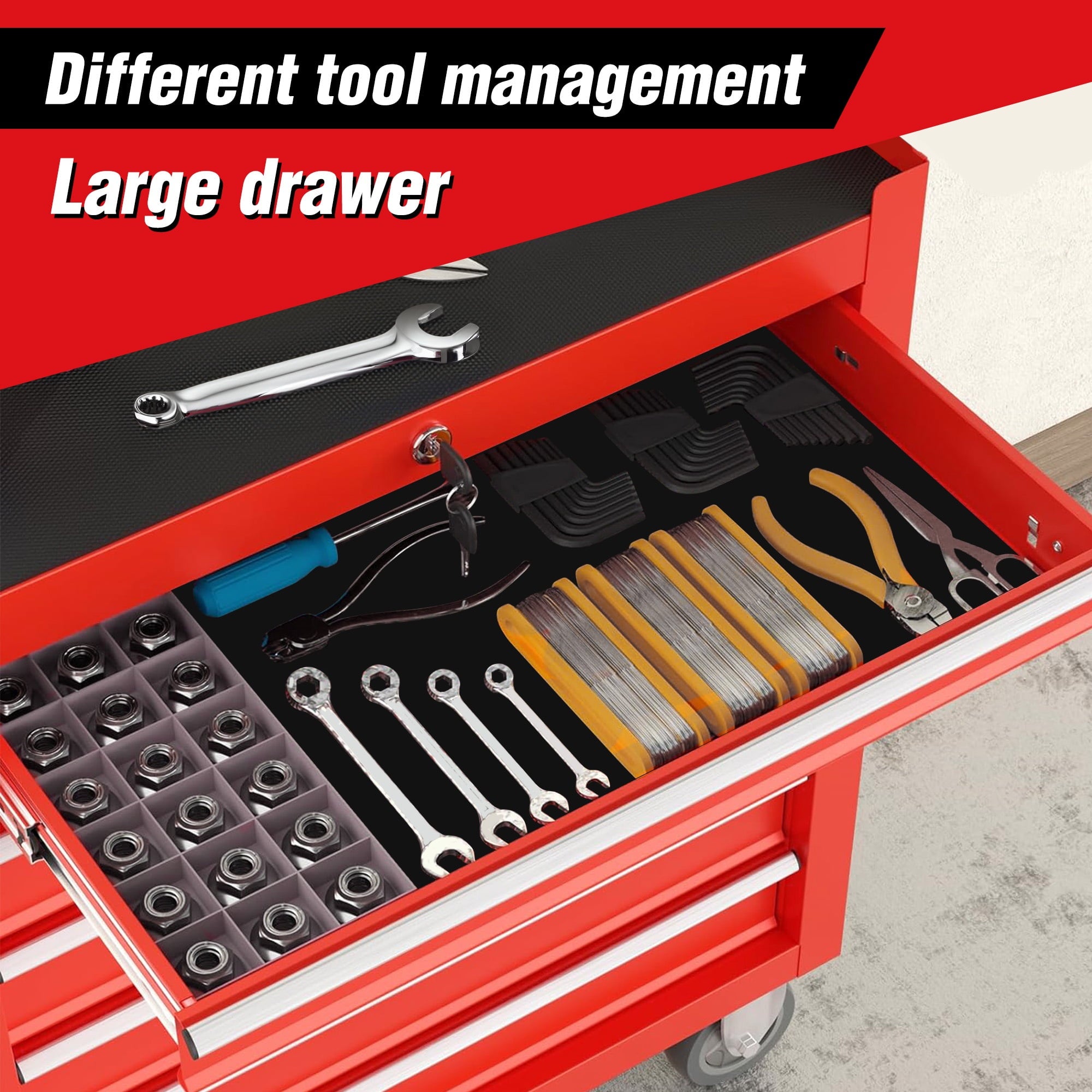 Chest on Wheels, Metal Cart box Storage Cabinet Organizer W/ 7 Drawers, Red - Image 3