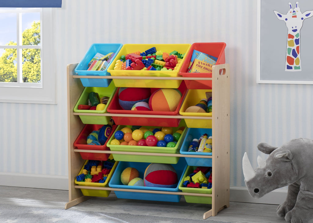 Kids Toy Storage Organizer with 12 Plastic Bins, Greenguard Gold Certified, White/Pink