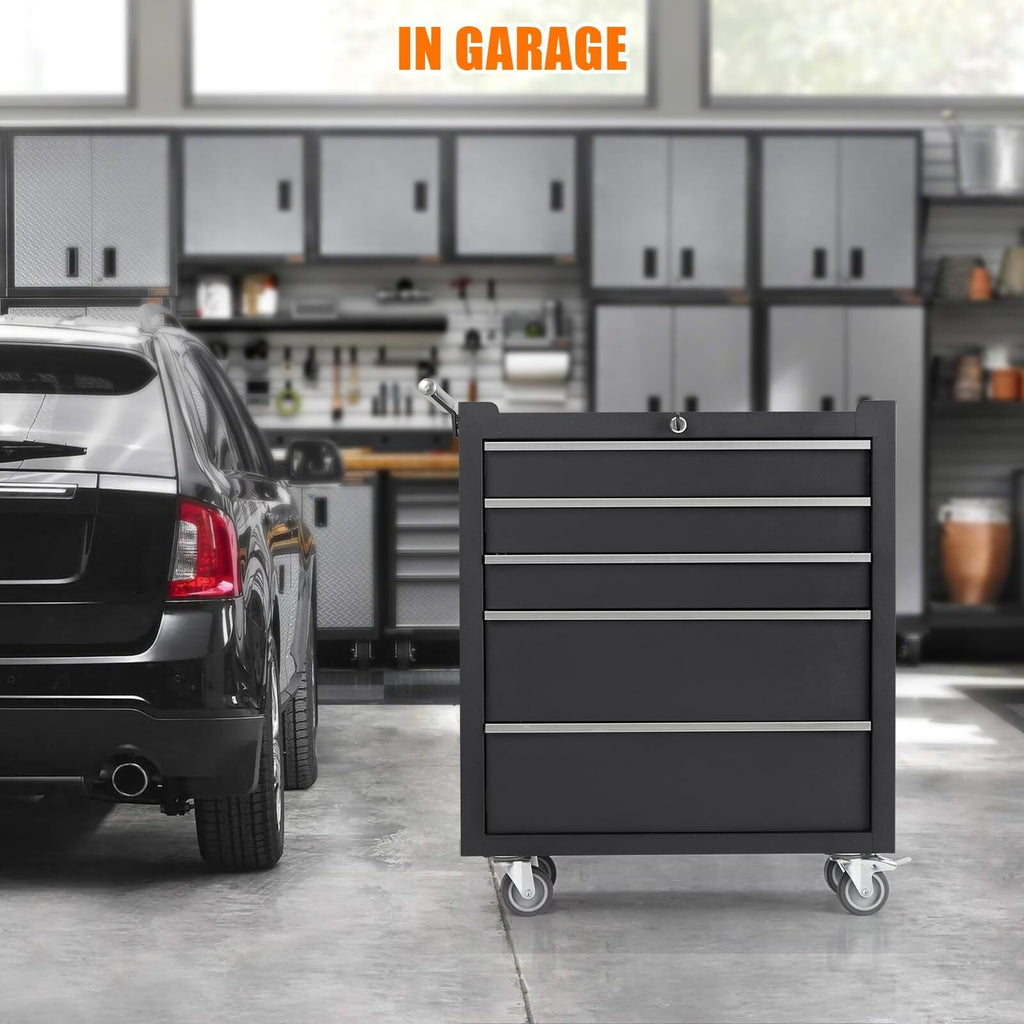 Metal Tool Box, Portable Tool Chest with Wheels and 5 Drawers for Garage, Workshop, Black - Image 6