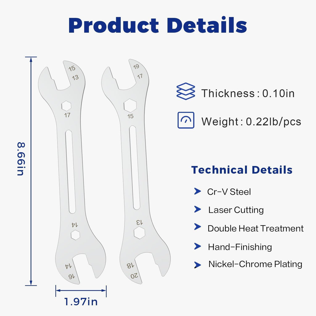 2 PCS Universal Thin Hub Cone Wrench Set, Cr-V Steel + Ni-Cr Plating Super Hard Bicycle Wheel Hub Axle Nut Install Re... - Image 5