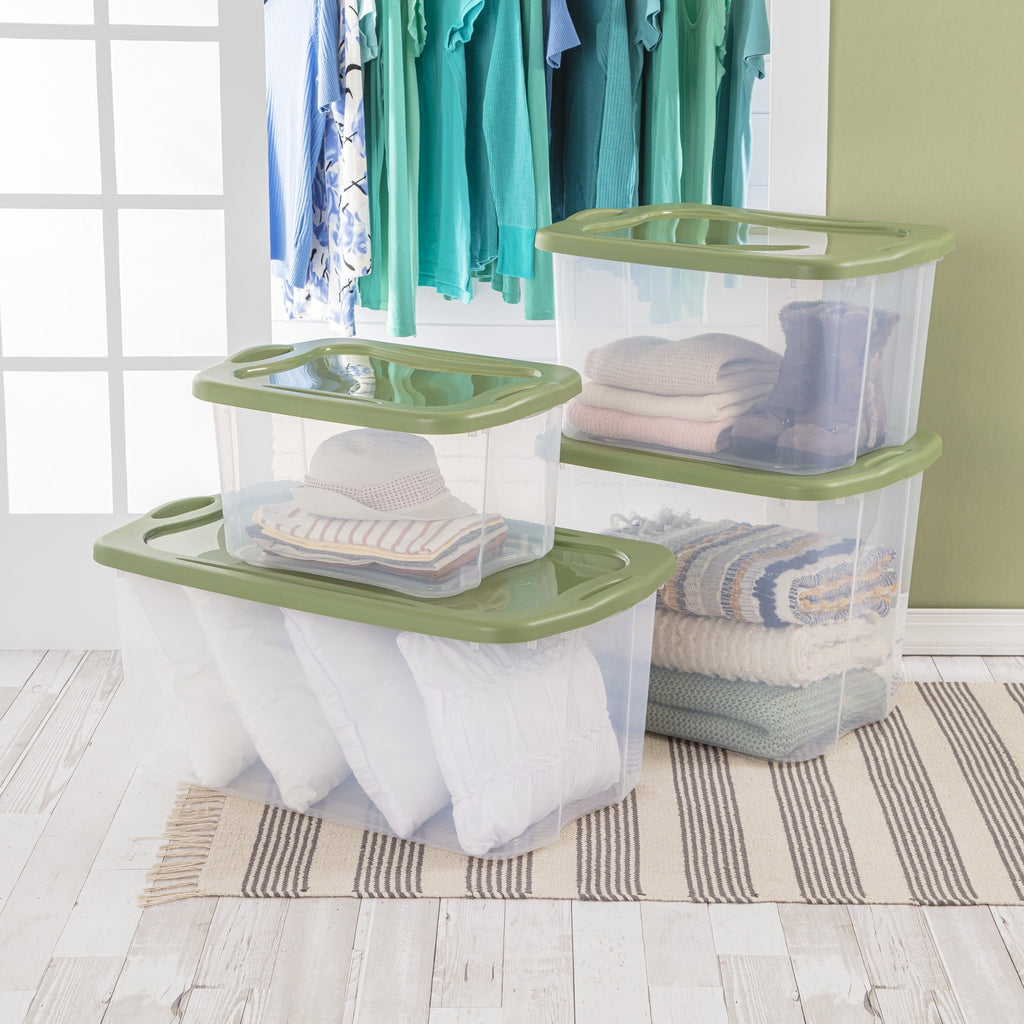 EZ Carry 70 Quart Large Storage Bin, Clear Plastic Storage Container with Full-Grip Handles, Green