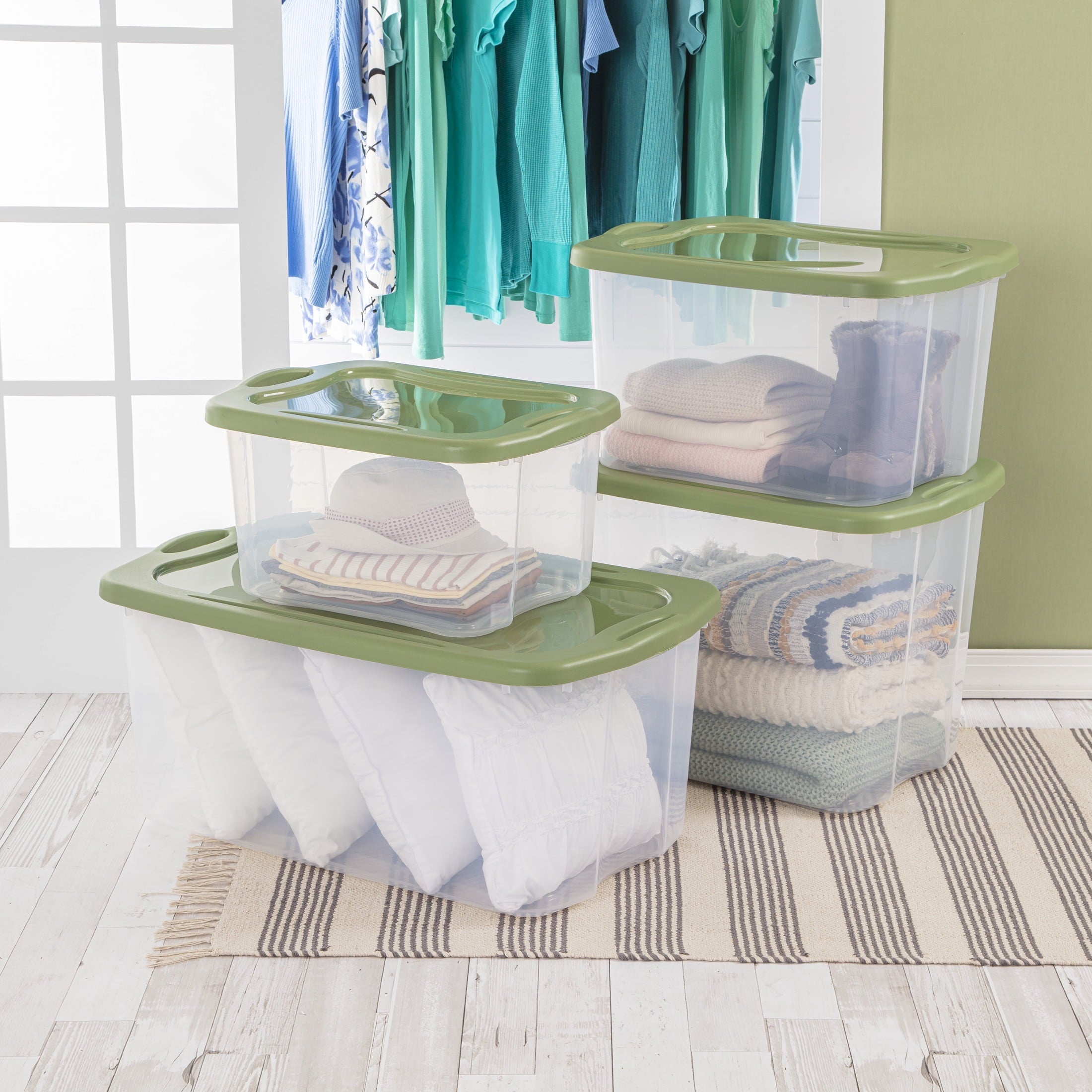 EZ Carry 40 Quart Medium Storage Bin, Clear Plastic Storage Container with Full-Grip Handles, Green