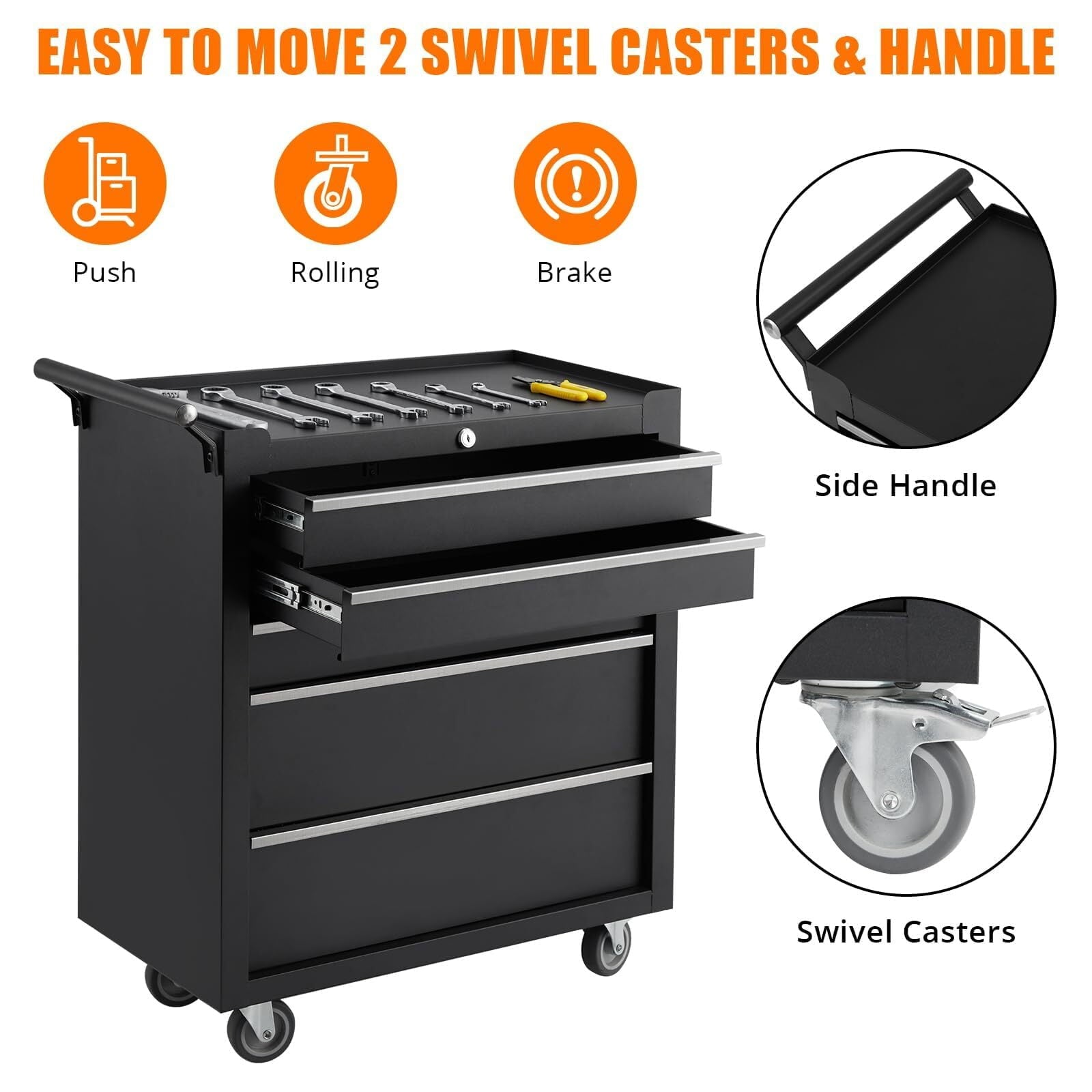 Metal Tool Box, Portable Tool Chest with Wheels and 5 Drawers for Garage, Workshop, Black - Image 4