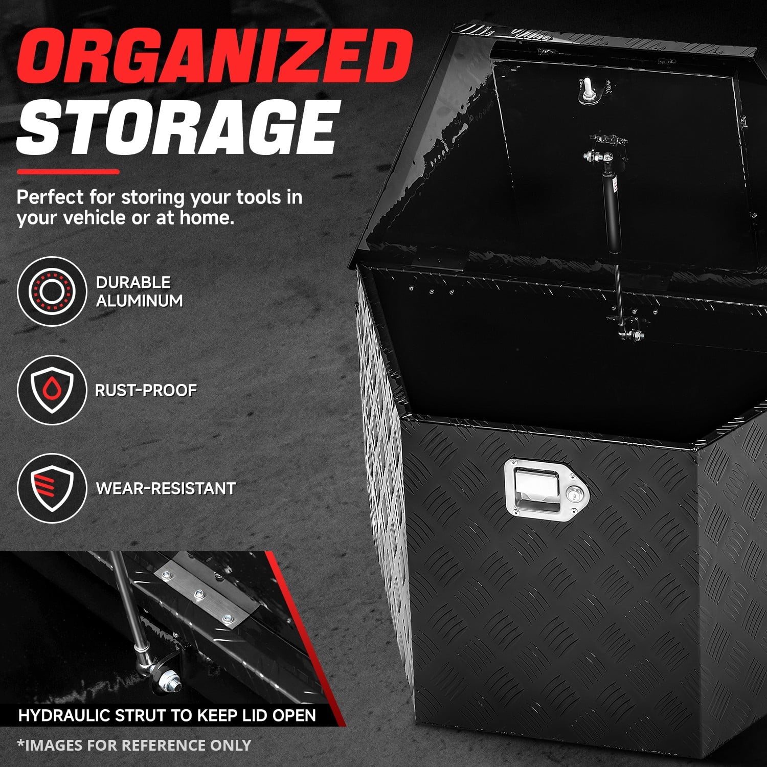 DNA Motoring 32.5"x20.5"x18" Aluminum Truck Trailer Trunk Bed Tongue Tool Storage Box w/ Lock Black - Image 4